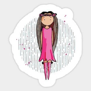 Cute bohemian girly girl with very long brown hair and a pink dress Sticker